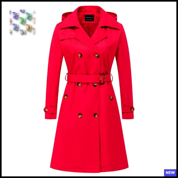 Long Double-Breasted Trench Coat Classic Slim Fit Detachable Hood Waterproof